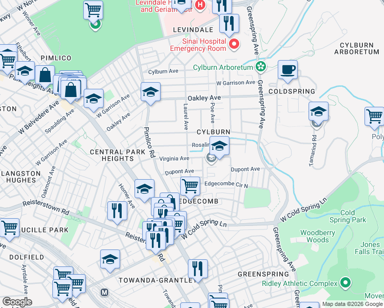 map of restaurants, bars, coffee shops, grocery stores, and more near 2924 Virginia Avenue in Baltimore
