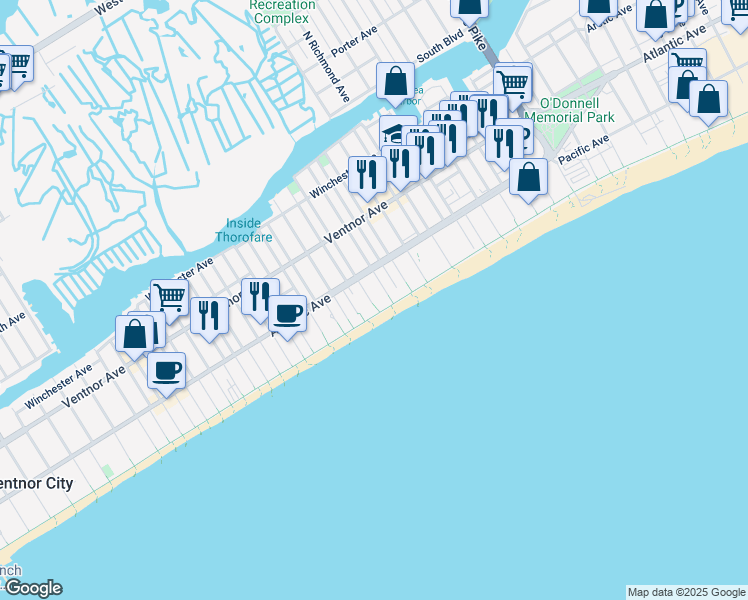 map of restaurants, bars, coffee shops, grocery stores, and more near 137 South Kingston Avenue in Atlantic City
