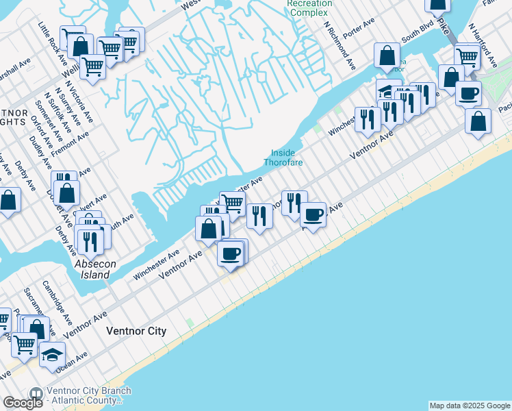 map of restaurants, bars, coffee shops, grocery stores, and more near 5001 Ventnor Avenue in Ventnor City