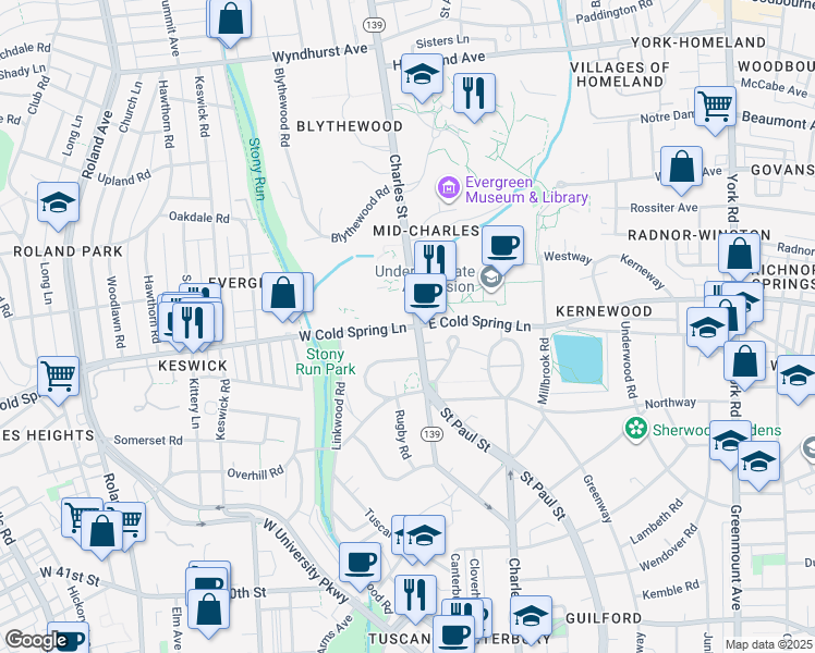 map of restaurants, bars, coffee shops, grocery stores, and more near 4501 North Charles Street in Baltimore