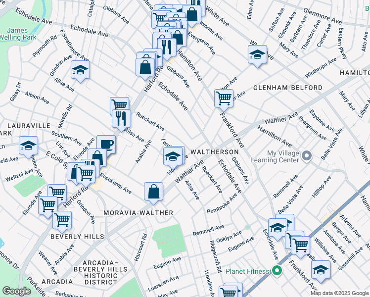 map of restaurants, bars, coffee shops, grocery stores, and more near 3323 Rueckert Avenue in Baltimore