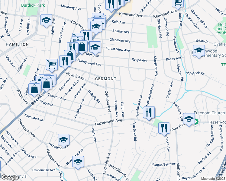 map of restaurants, bars, coffee shops, grocery stores, and more near 4511 Powell Avenue in Baltimore