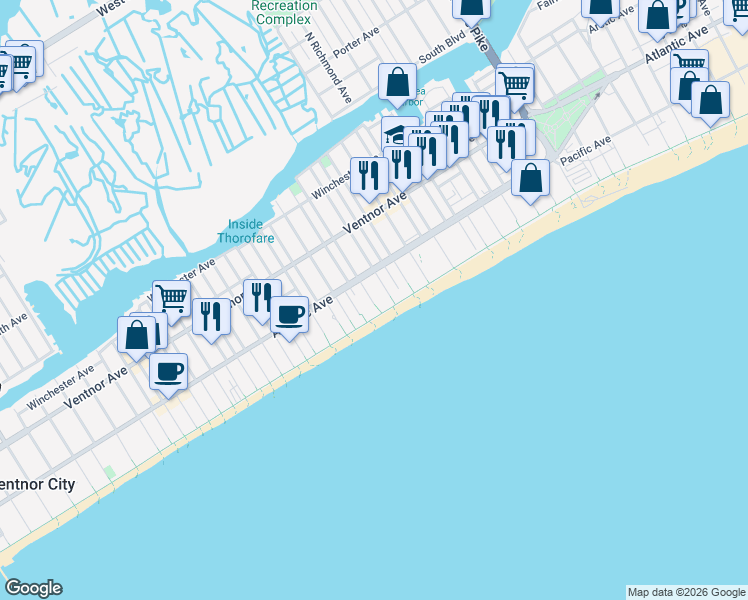 map of restaurants, bars, coffee shops, grocery stores, and more near 137 South Kingston Avenue in Atlantic City