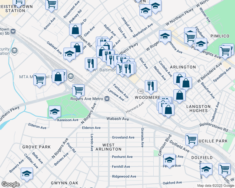 map of restaurants, bars, coffee shops, grocery stores, and more near 5419 Lynview Avenue in Baltimore
