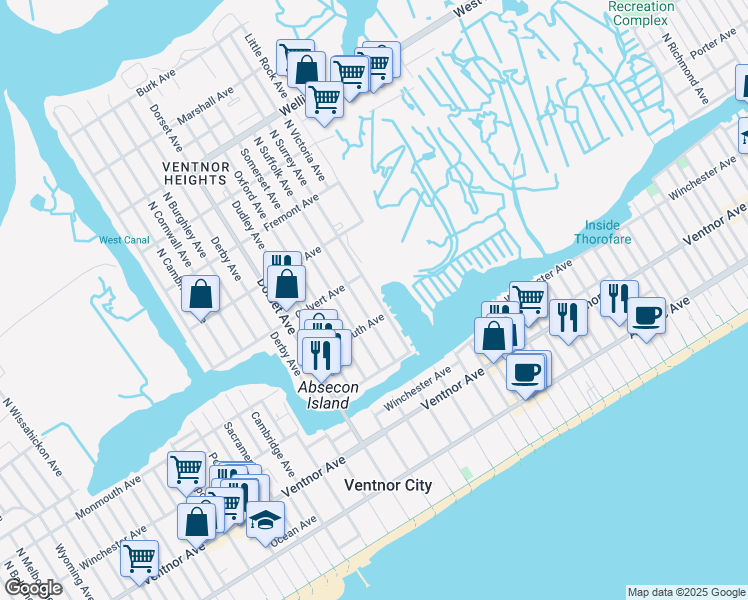 map of restaurants, bars, coffee shops, grocery stores, and more near 5401 Monmouth Avenue in Ventnor City