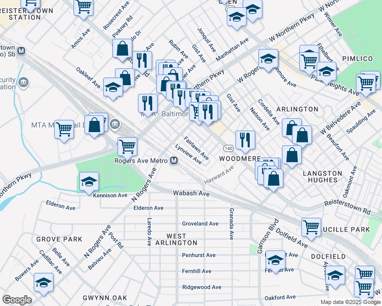 map of restaurants, bars, coffee shops, grocery stores, and more near 5419 Lynview Avenue in Baltimore