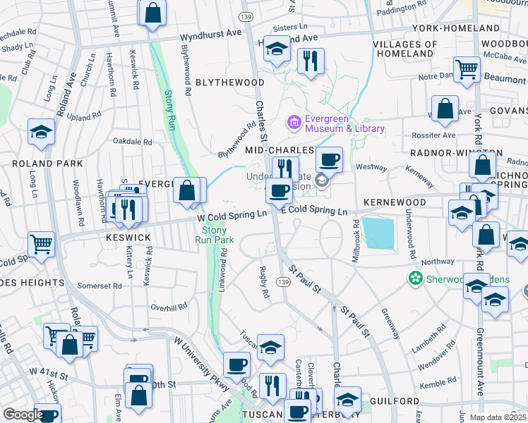 map of restaurants, bars, coffee shops, grocery stores, and more near 4500 West Cold Spring Lane in Baltimore