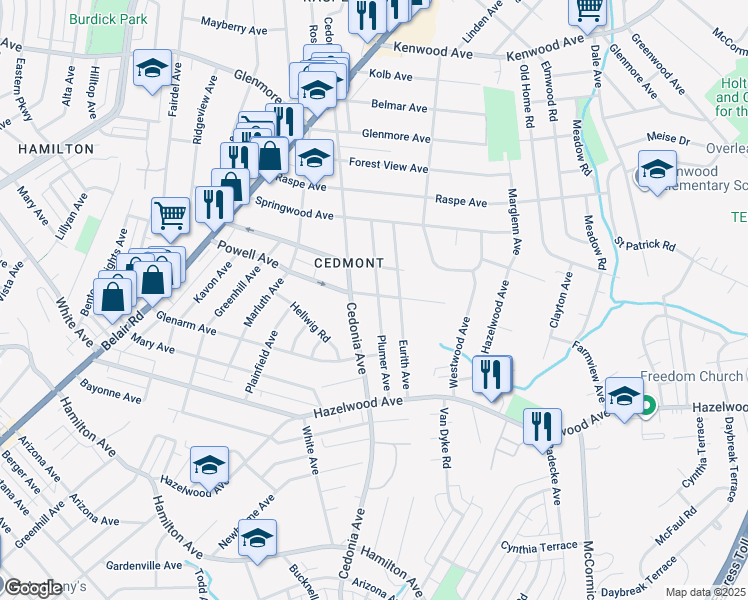 map of restaurants, bars, coffee shops, grocery stores, and more near 4511 Powell Avenue in Baltimore
