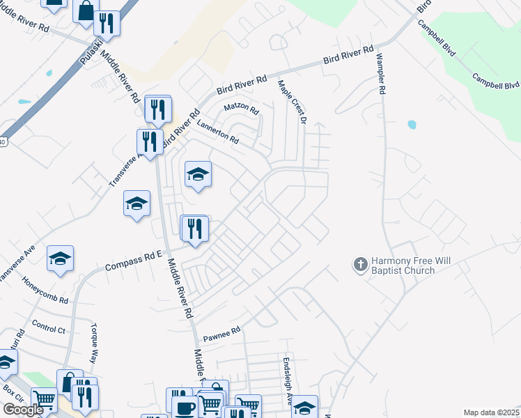 map of restaurants, bars, coffee shops, grocery stores, and more near 9822 Biggs Road in Middle River
