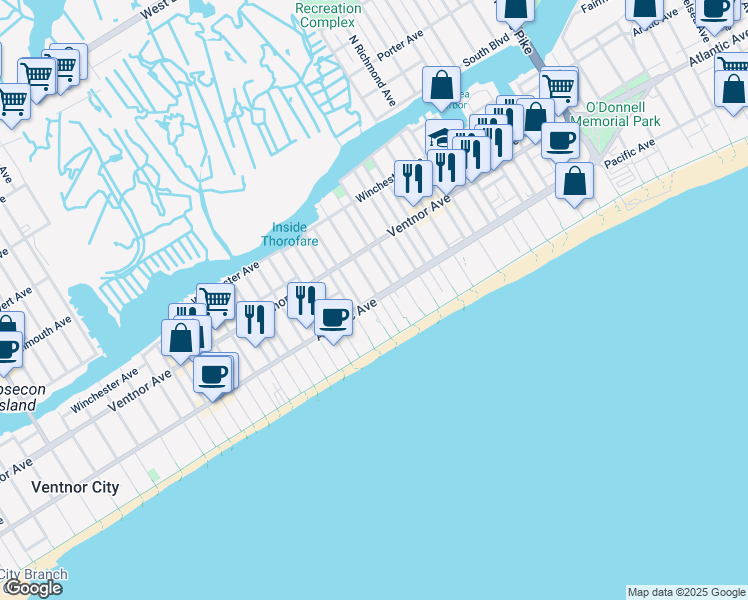 map of restaurants, bars, coffee shops, grocery stores, and more near 100 South Plaza Place in Atlantic City