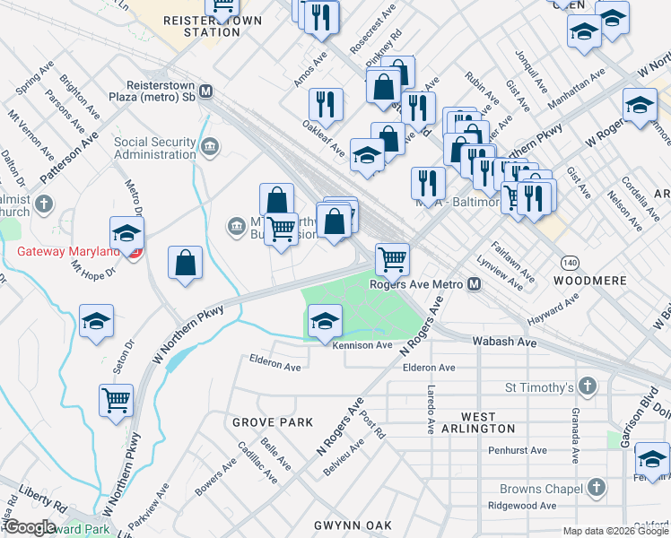 map of restaurants, bars, coffee shops, grocery stores, and more near 4475 West Northern Parkway in Baltimore