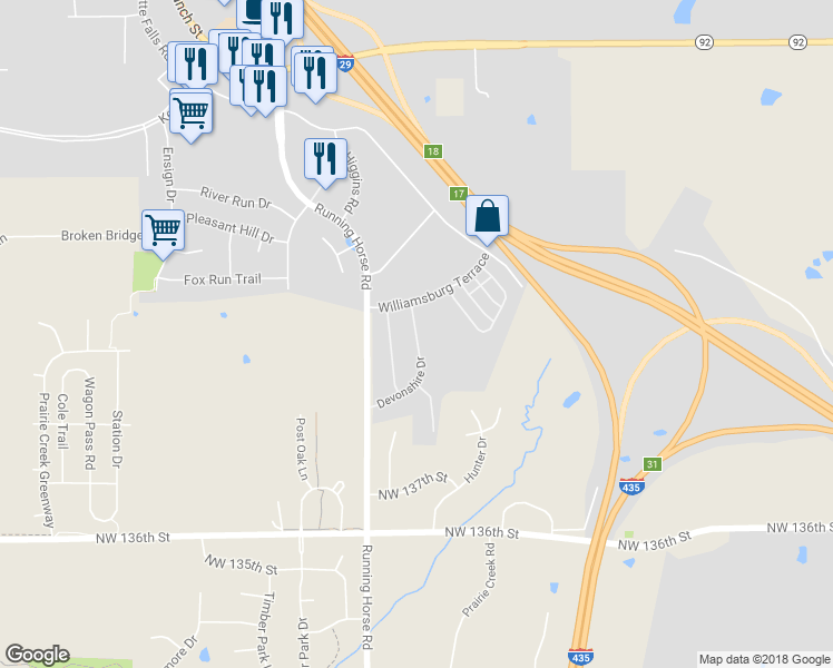 map of restaurants, bars, coffee shops, grocery stores, and more near 3014 Devonshire Drive in Platte City