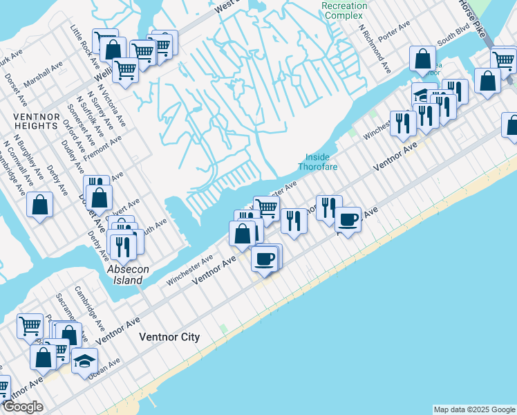 map of restaurants, bars, coffee shops, grocery stores, and more near 24 North Nashville Avenue in Ventnor City