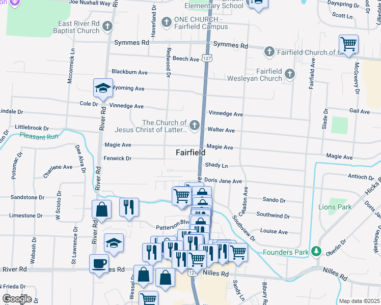 map of restaurants, bars, coffee shops, grocery stores, and more near in Fairfield