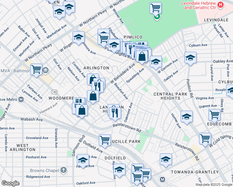 map of restaurants, bars, coffee shops, grocery stores, and more near 3615 Spaulding Avenue in Baltimore