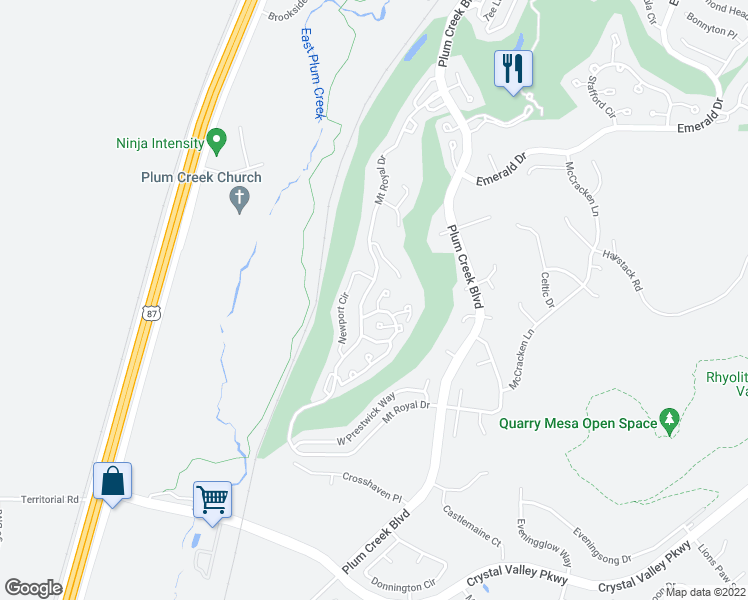 map of restaurants, bars, coffee shops, grocery stores, and more near 2817 Masters Lane in Castle Rock