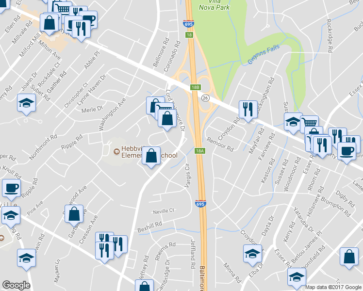 map of restaurants, bars, coffee shops, grocery stores, and more near 3439 Liberty Gardens Road in Milford Mill