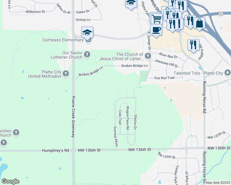 map of restaurants, bars, coffee shops, grocery stores, and more near 13940 Cole Crossing Court in Platte City