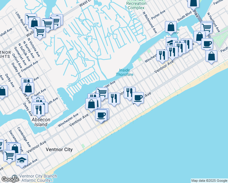 map of restaurants, bars, coffee shops, grocery stores, and more near 5001 Ventnor Avenue in Ventnor City