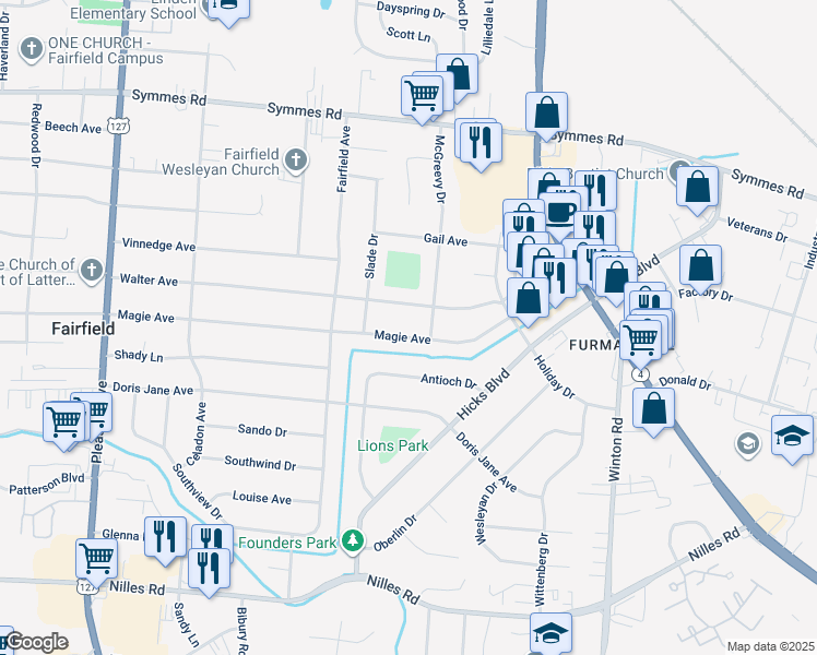 map of restaurants, bars, coffee shops, grocery stores, and more near 977 Magie Avenue in Fairfield