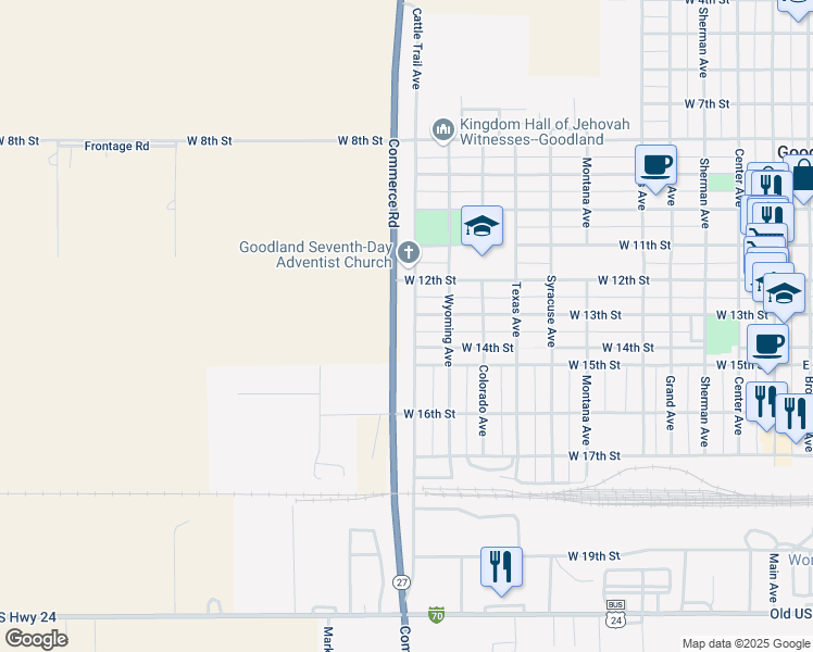 map of restaurants, bars, coffee shops, grocery stores, and more near 1334 Cattle Trail Avenue in Goodland
