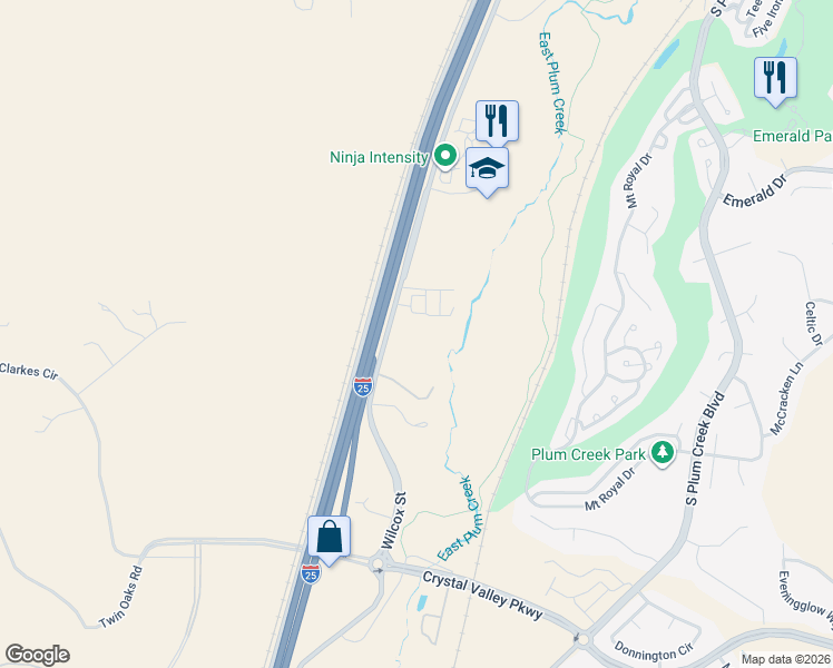map of restaurants, bars, coffee shops, grocery stores, and more near Frontage Road in Castle Rock