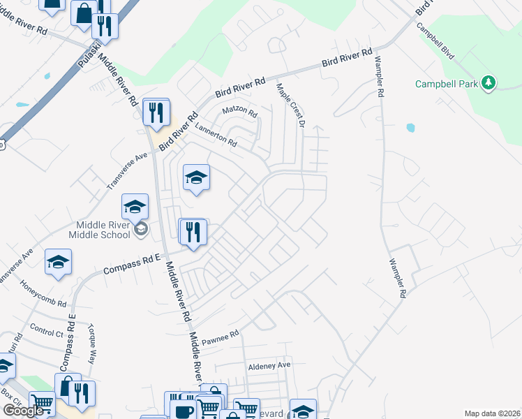 map of restaurants, bars, coffee shops, grocery stores, and more near 9816 Biggs Road in Middle River