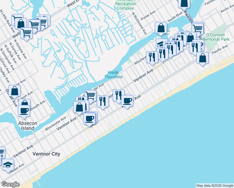 map of restaurants, bars, coffee shops, grocery stores, and more near 18 South Jackson Avenue in Atlantic City