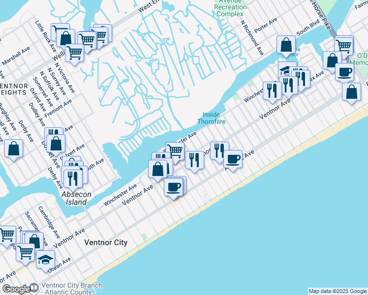 map of restaurants, bars, coffee shops, grocery stores, and more near 5001 Ventnor Avenue in Ventnor City