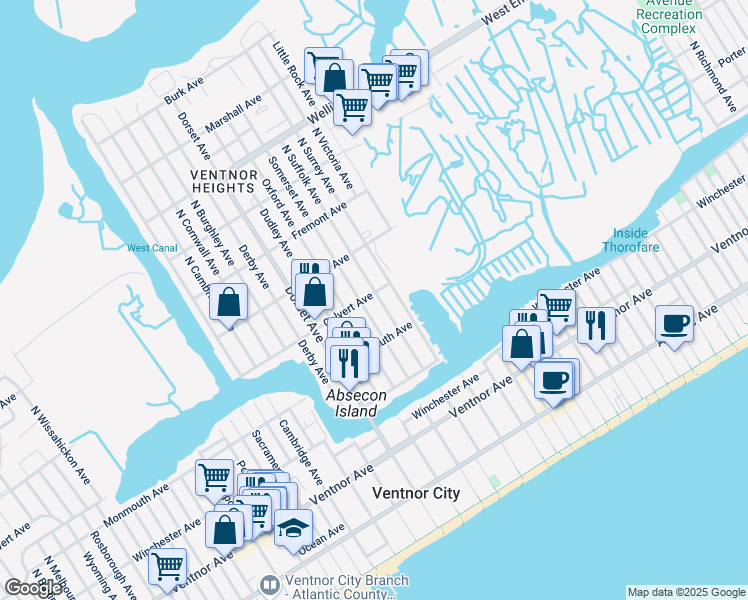 map of restaurants, bars, coffee shops, grocery stores, and more near 217 North Somerset Avenue in Ventnor City