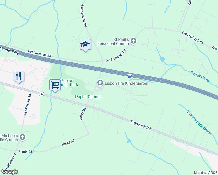 map of restaurants, bars, coffee shops, grocery stores, and more near 16619 Bahner Court in Mount Airy