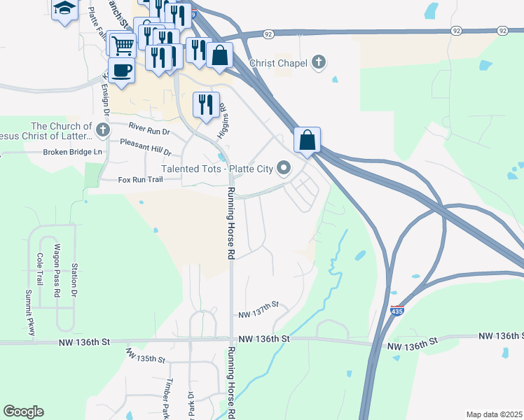 map of restaurants, bars, coffee shops, grocery stores, and more near 3008 Devonshire Drive in Platte City