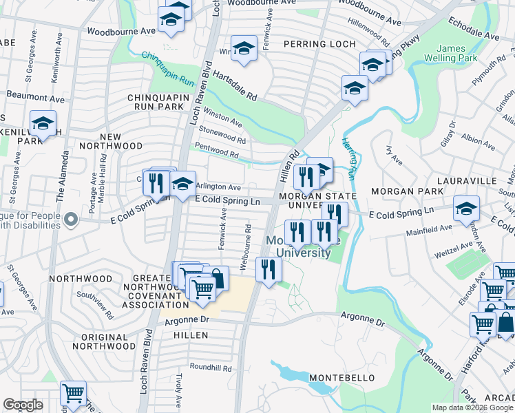 map of restaurants, bars, coffee shops, grocery stores, and more near 1651 East Cold Spring Lane in Baltimore