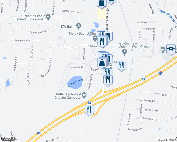 map of restaurants, bars, coffee shops, grocery stores, and more near 6827 Highland Greens Drive in Butler County
