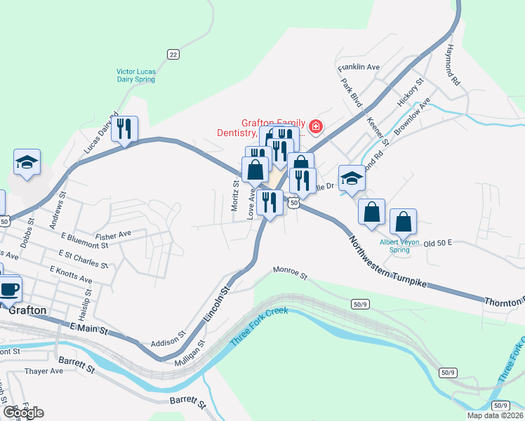 map of restaurants, bars, coffee shops, grocery stores, and more near 214 Lincoln St in Grafton
