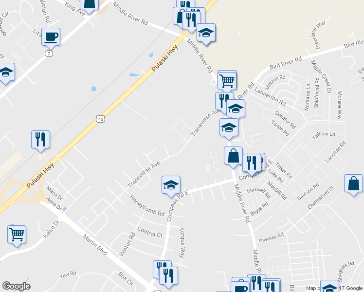 map of restaurants, bars, coffee shops, grocery stores, and more near 78 Transverse Avenue in Middle River