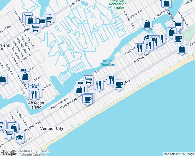 map of restaurants, bars, coffee shops, grocery stores, and more near 14 North Marion Avenue in Ventnor City