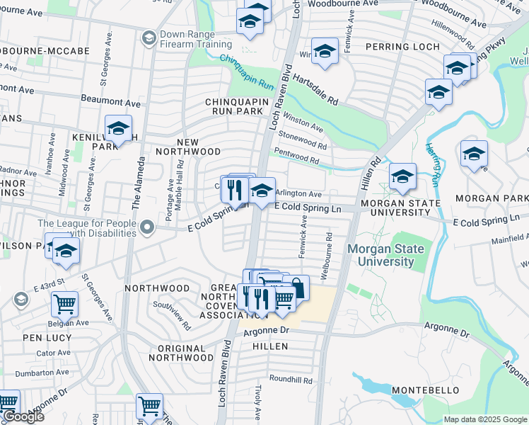 map of restaurants, bars, coffee shops, grocery stores, and more near 4417 Loch Raven Boulevard in Baltimore