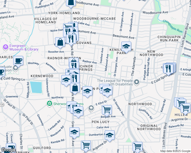 map of restaurants, bars, coffee shops, grocery stores, and more near 727 East Cold Spring Lane in Baltimore