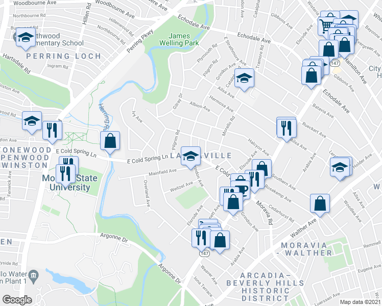 map of restaurants, bars, coffee shops, grocery stores, and more near E Cold Spring Ln & Grindon Ave in Baltimore