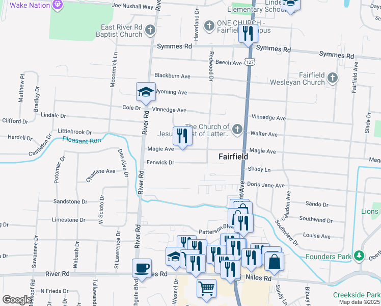 map of restaurants, bars, coffee shops, grocery stores, and more near 427 Fenwick Drive in Fairfield