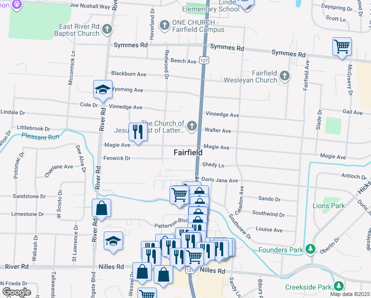 map of restaurants, bars, coffee shops, grocery stores, and more near 557 Magie Avenue in Fairfield