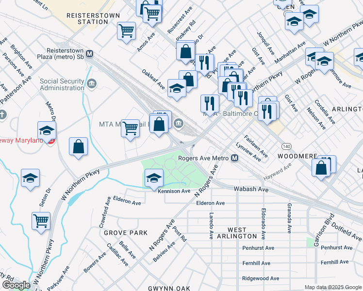 map of restaurants, bars, coffee shops, grocery stores, and more near W Northern Pkwy & Wabash Ave in Baltimore