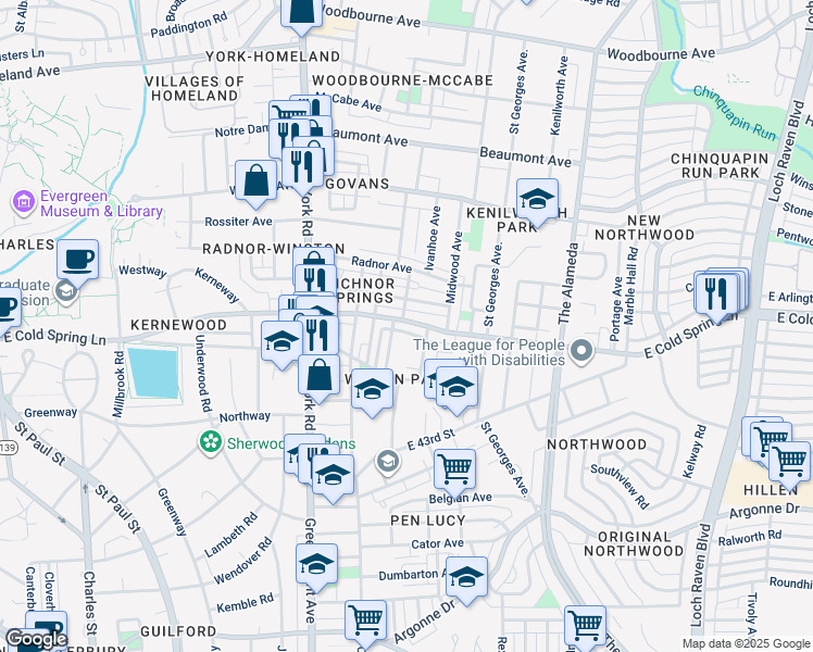 map of restaurants, bars, coffee shops, grocery stores, and more near 727 East Cold Spring Lane in Baltimore