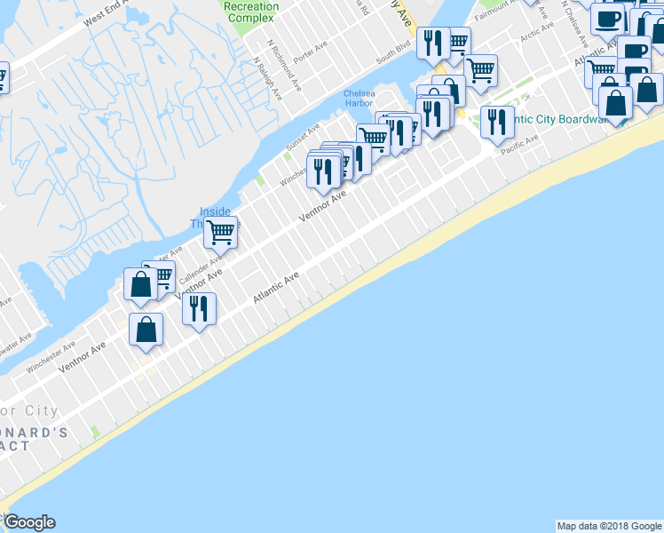 map of restaurants, bars, coffee shops, grocery stores, and more near 118 South Bartram Avenue in Atlantic City