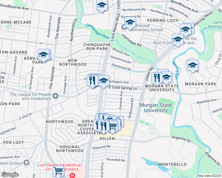 map of restaurants, bars, coffee shops, grocery stores, and more near 1517 East Cold Spring Lane in Baltimore