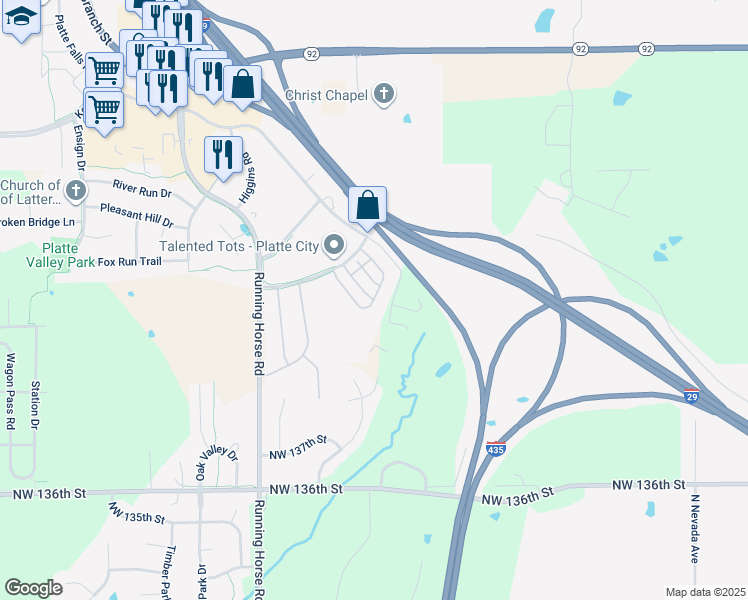 map of restaurants, bars, coffee shops, grocery stores, and more near 2001 Williamsburg Terrace in Platte City