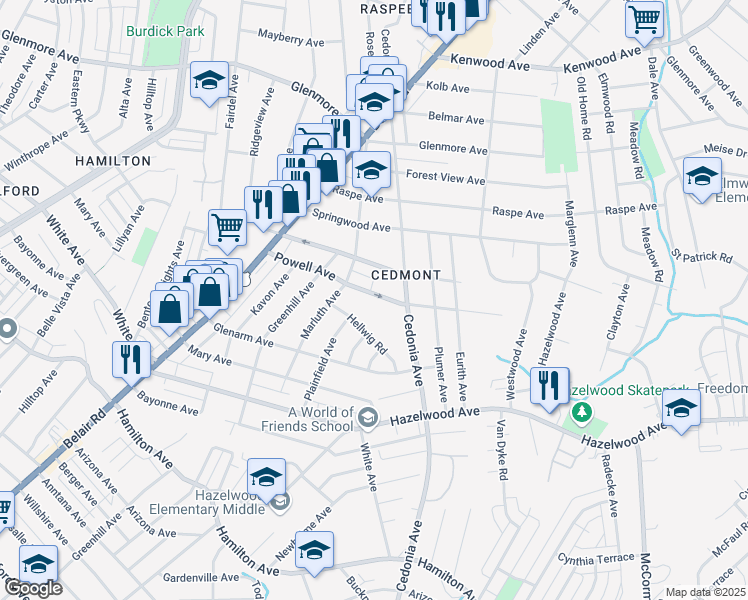 map of restaurants, bars, coffee shops, grocery stores, and more near 4415 Powell Avenue in Baltimore