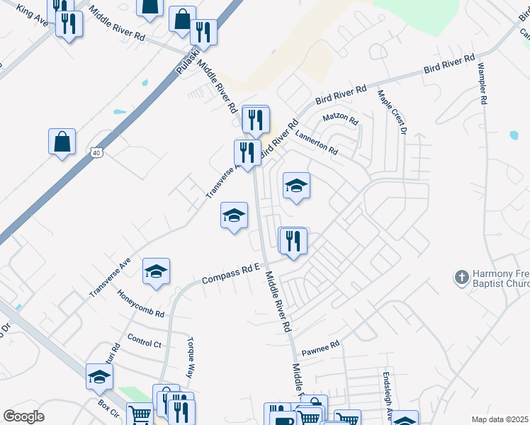 map of restaurants, bars, coffee shops, grocery stores, and more near 9605 Community Drive in Middle River