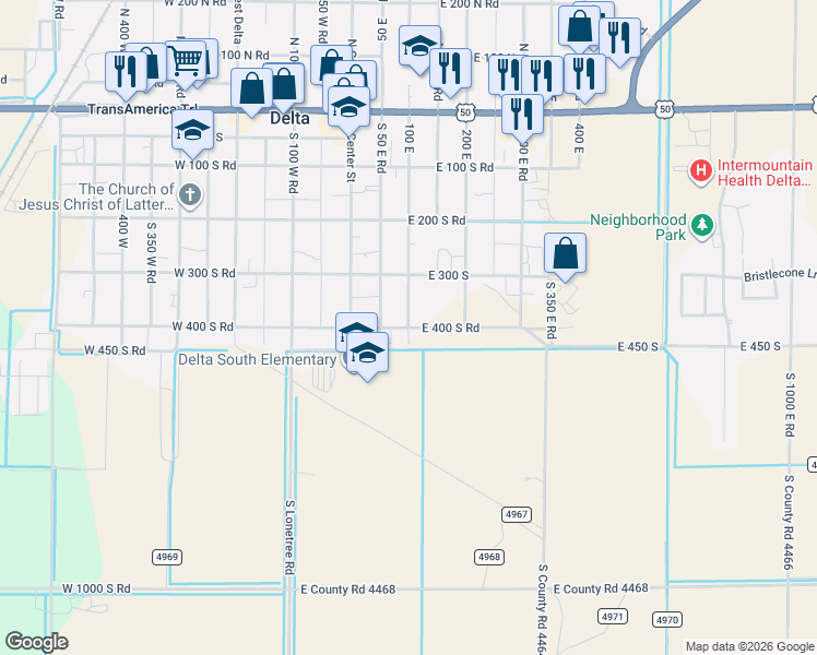 map of restaurants, bars, coffee shops, grocery stores, and more near 400 100 East in Delta